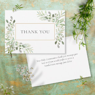Elegant Greenery Leaves Holy Communion Thank You Card