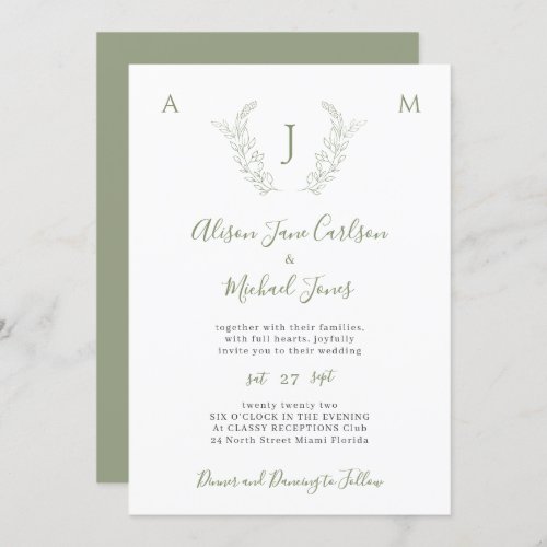 Elegant greenery leaves monogram wedding invitation