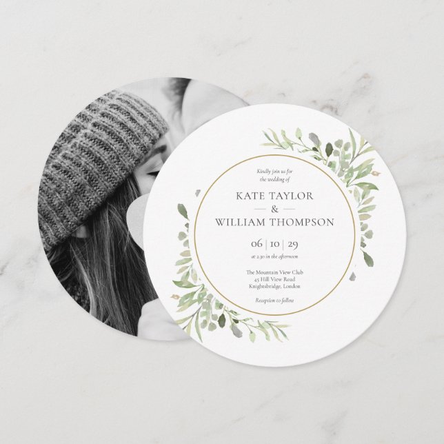Elegant Greenery Leaves Photo Wedding Circular Invitation (Front/Back)