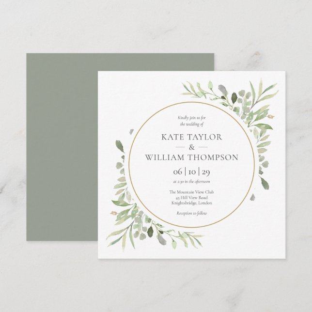 Elegant Greenery Leaves Wedding Invitation (Front/Back)