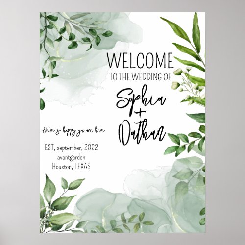Elegant greenery leaves wedding invitation poster