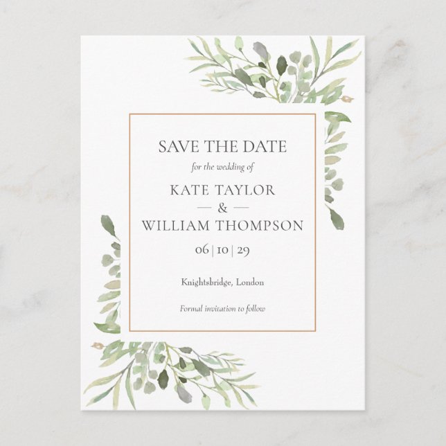 Elegant Greenery  Leaves Wedding Save the Date Announcement Postcard (Front)