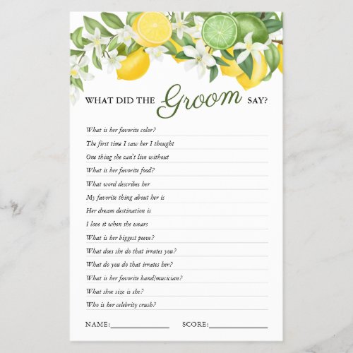 Elegant Greenery Lemon Bridal Shower Game - Make the bridal shower one to remember with this cute citrus themed "what did the groom say?" party game! Featuring lush watercolor summer lemons, limes & green foliage, and a editable text template.