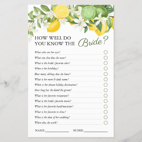 Elegant Greenery Lemon Bridal Shower Game - Make the bridal shower one to remember with this cute citrus themed "how well do you know the bride" party game! Featuring lush watercolor summer lemons, limes & green foliage, and a editable text template.