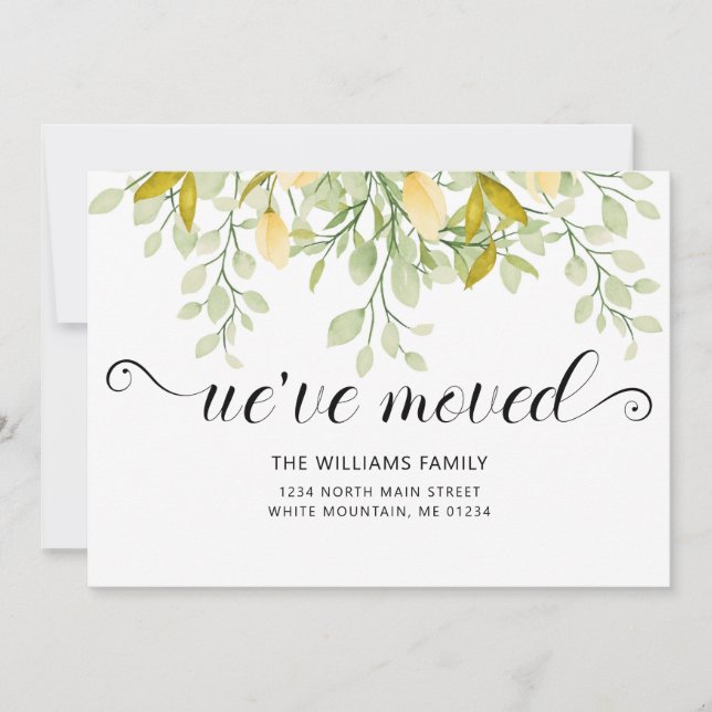Elegant Greenery Lemon Watercolor Floral Moving Announcement (Front)