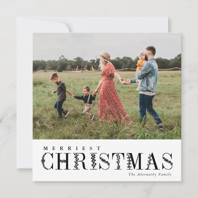 Elegant Greenery Lettering Christmas Black | Photo Holiday Card (Front)