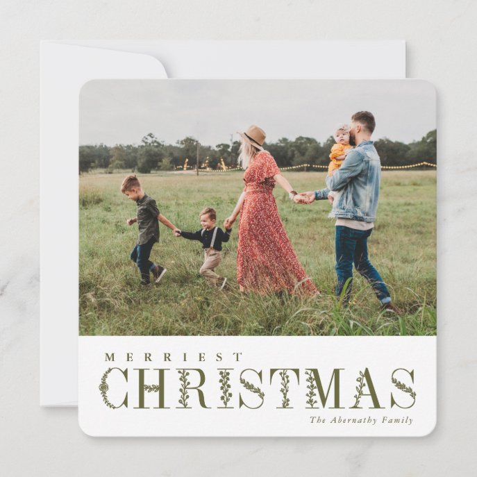 Elegant Greenery Lettering Christmas Olive | Photo Holiday Card