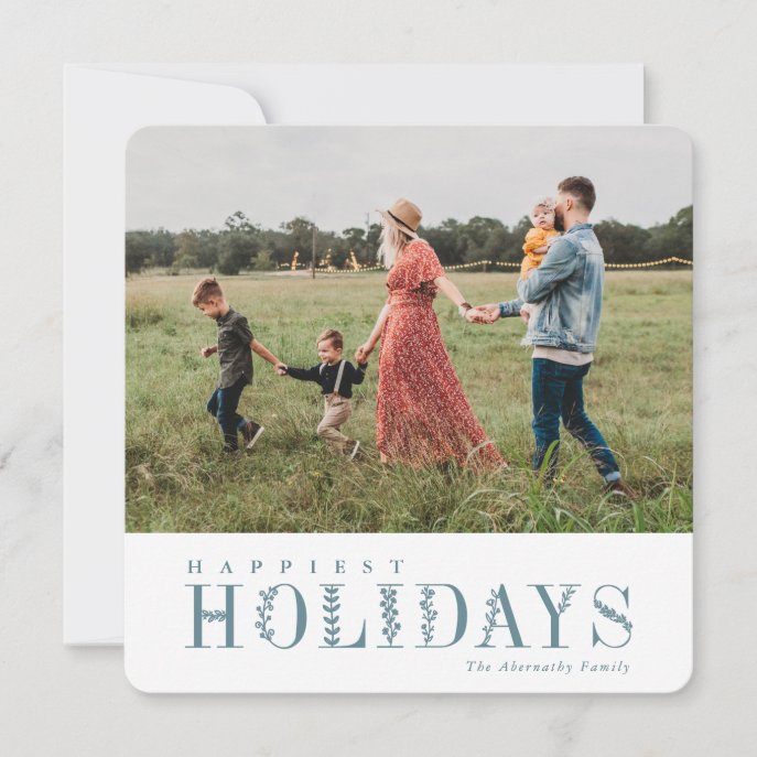 Elegant Greenery Lettering Happiest Dusty | Photo Holiday Card