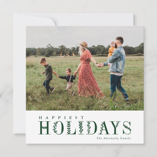 Elegant Greenery Lettering Happiest Green | Photo Holiday Card (Front)
