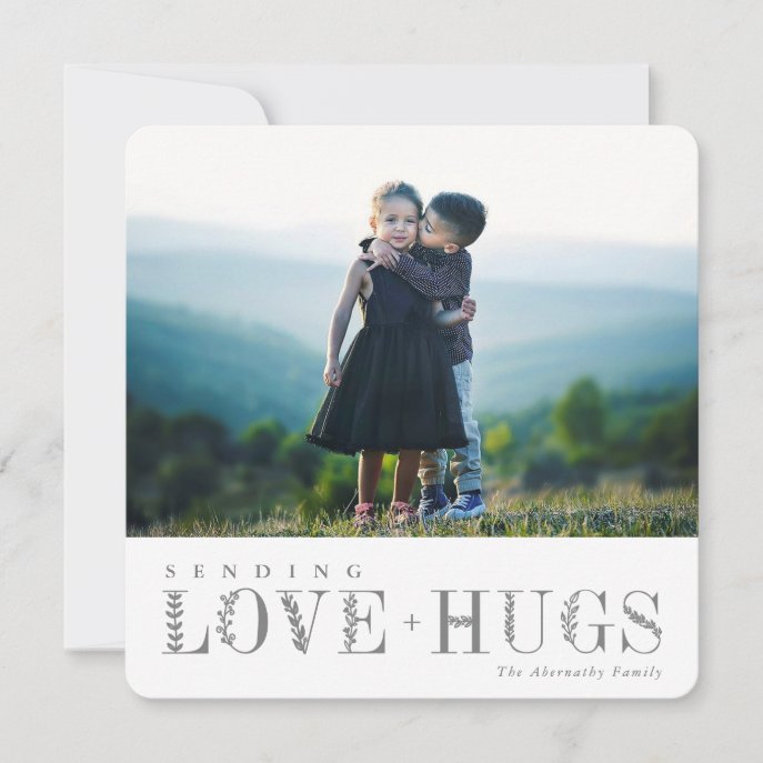 Elegant Greenery Lettering Love Hugs Gray| Photo Holiday Card