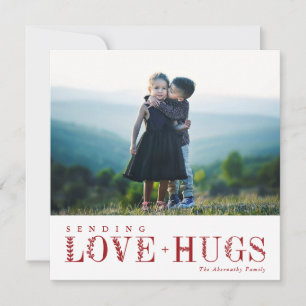 Elegant Greenery Lettering Love Hugs Red Photo Holiday Card