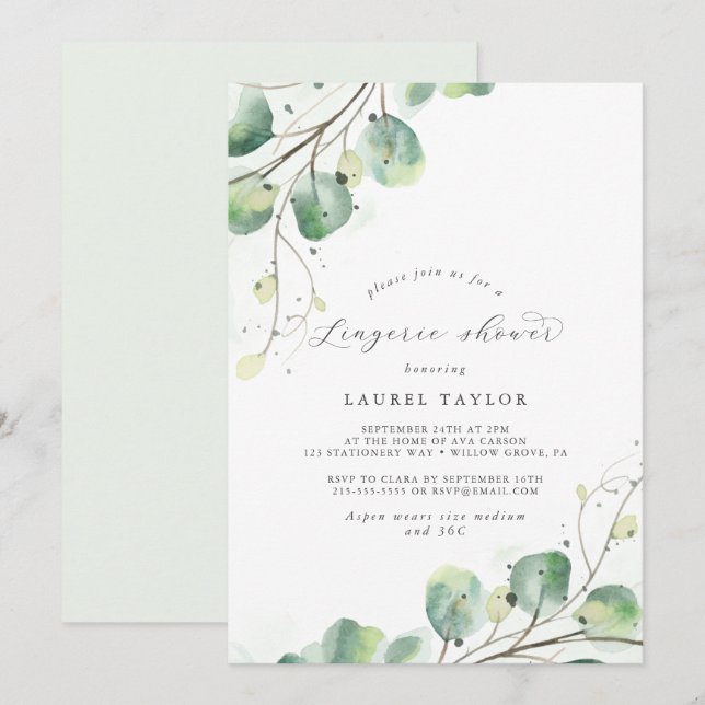 Elegant Greenery Lingerie Shower Invitation (Front/Back)