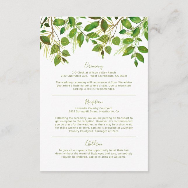 Elegant Greenery Meadow Wedding Information Enclosure Card (Front)