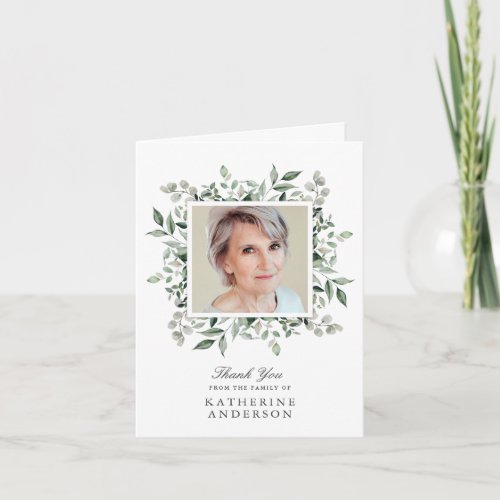 Elegant Greenery Memorial Photo Thank You Card 
