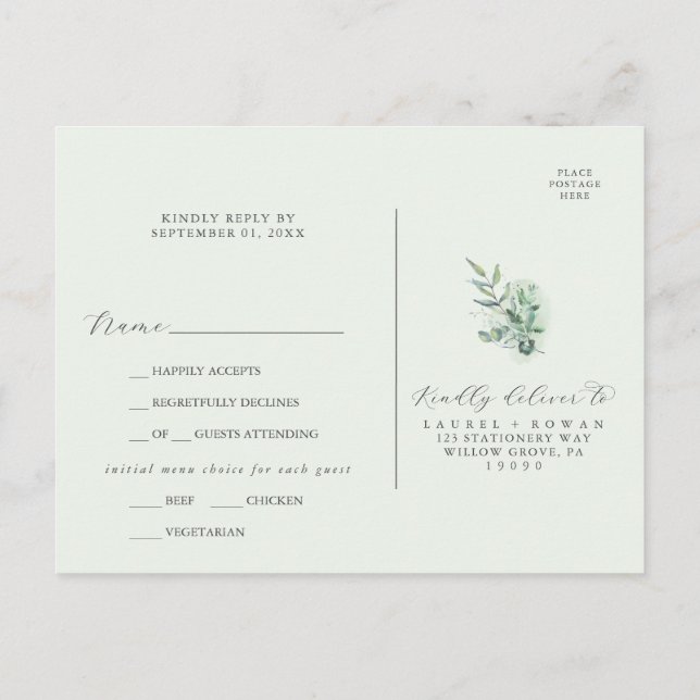 Elegant Greenery Menu Choice RSVP Postcard (Back)