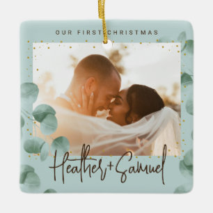 Elegant Greenery Merry and Married Photo Ceramic Ornament