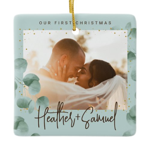 Elegant Greenery Merry and Married Photo Ceramic Ornament