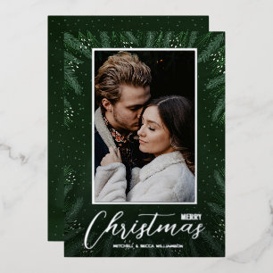 Elegant Greenery Merry Christmas Photo Foil Holiday Card