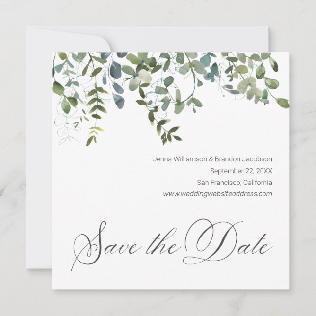 Elegant Greenery Minimal Eucalyptus Save the Date (Front)