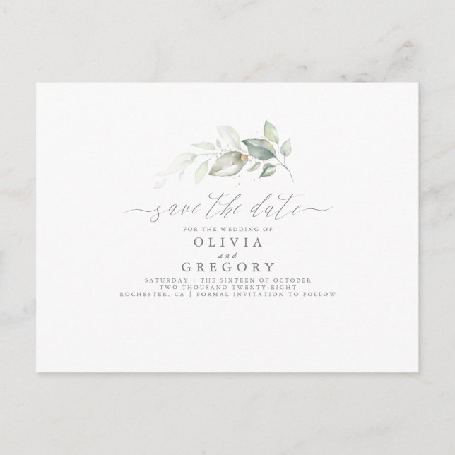 Elegant Greenery Minimal Save the Date Announcement Postcard (Front)