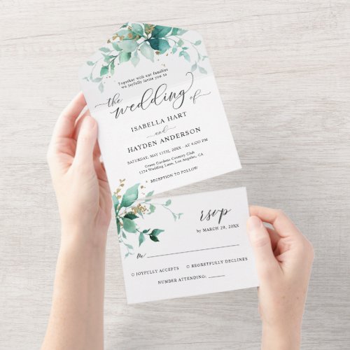 Elegant Greenery Mint Gold Wedding Details RSVP All In One Invitation