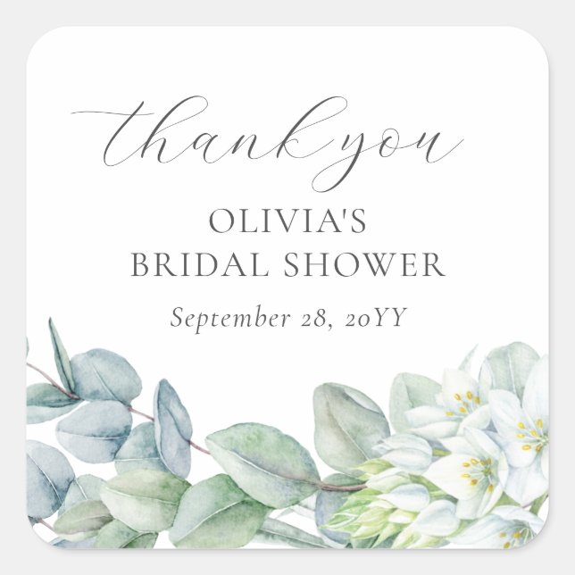 Elegant Greenery Modern Script Thank You Favor Square Sticker (Front)