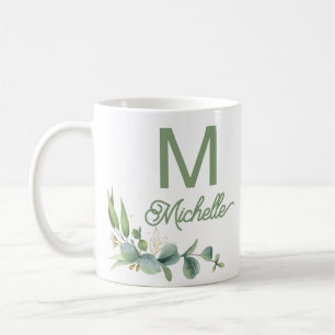 Elegant Greenery Monogram Custom Name and Initial Coffee Mug