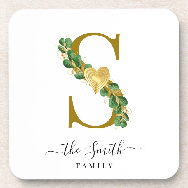 Elegant Greenery Monogram Family Name Letter S Beverage Coaster (Front)
