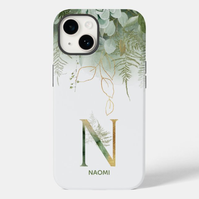 Elegant Greenery Monogram N Case-Mate iPhone Case (Back)