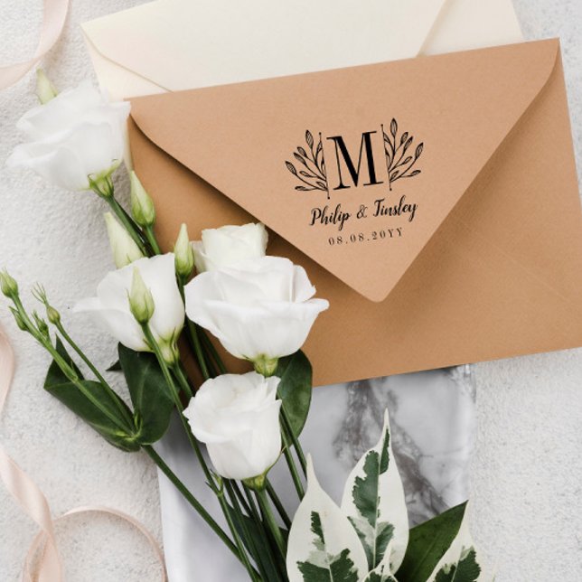 Elegant Greenery Monogram Names & Wedding Date Rubber Stamp (Creator Uploaded)