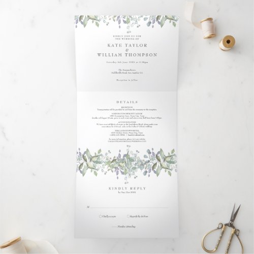 Elegant Greenery Monogram Photo Wedding Tri_Fold Invitation