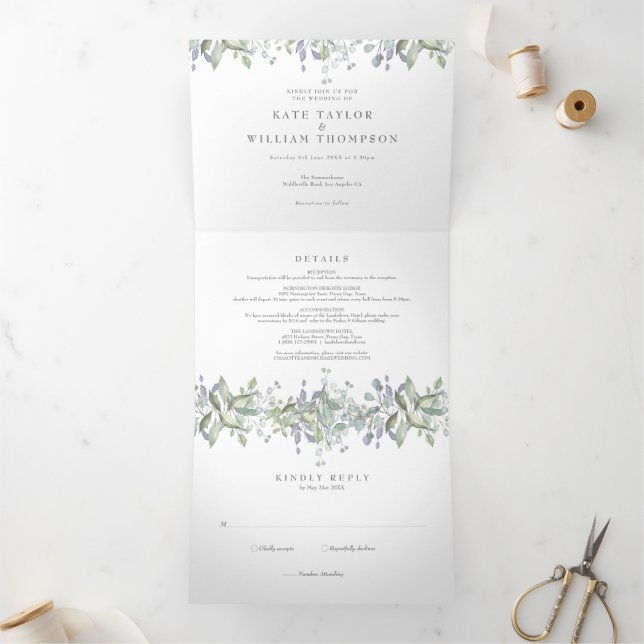 Elegant Greenery Monogram Photo Wedding Tri-Fold Invitation (Inside)