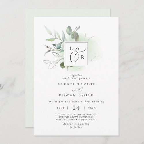 Elegant Greenery Monogram Wedding Invitation