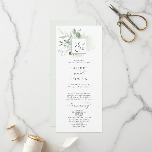 Elegant Greenery Monogram Wedding Program