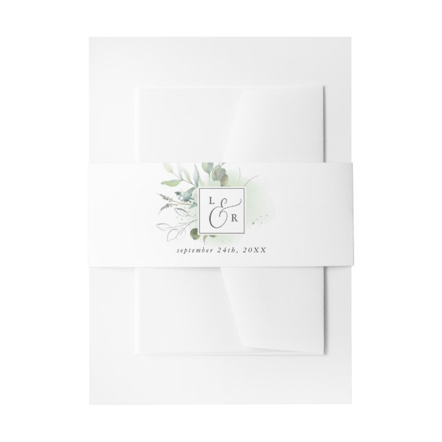 Elegant Greenery Monogrammed Wedding Invitation Belly Band (Front Example)