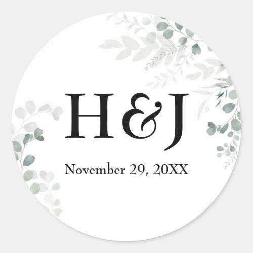 Elegant Greenery Monograms and Date Classic Round Sticker