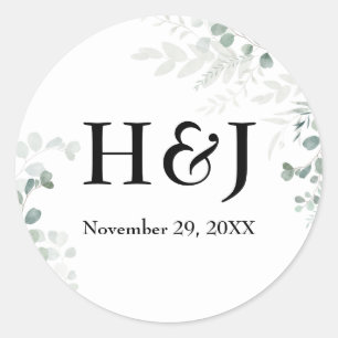 Elegant Greenery Monograms and Date Classic Round Sticker