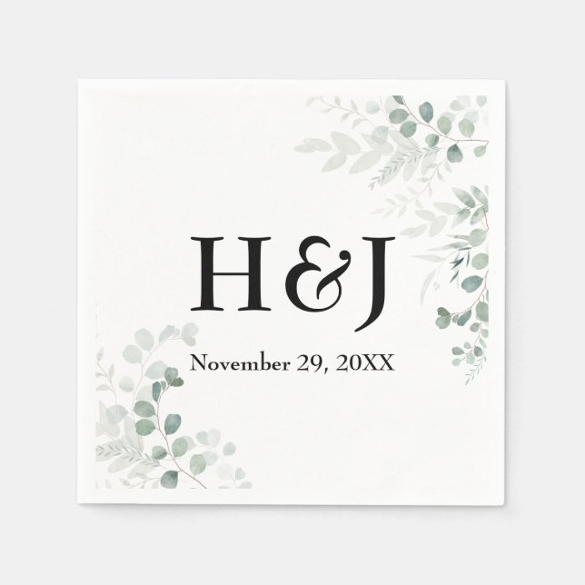 Elegant Greenery Monograms and Date Napkins (Front)