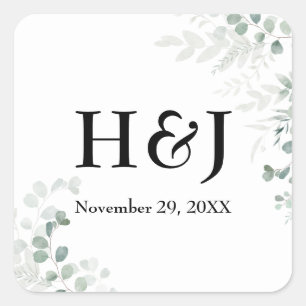 Elegant Greenery Monograms and Date Square Sticker