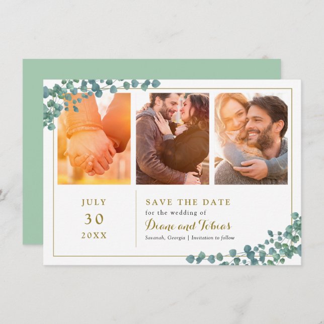 Elegant Greenery Multi Photo Save the Date Invitation (Front/Back)