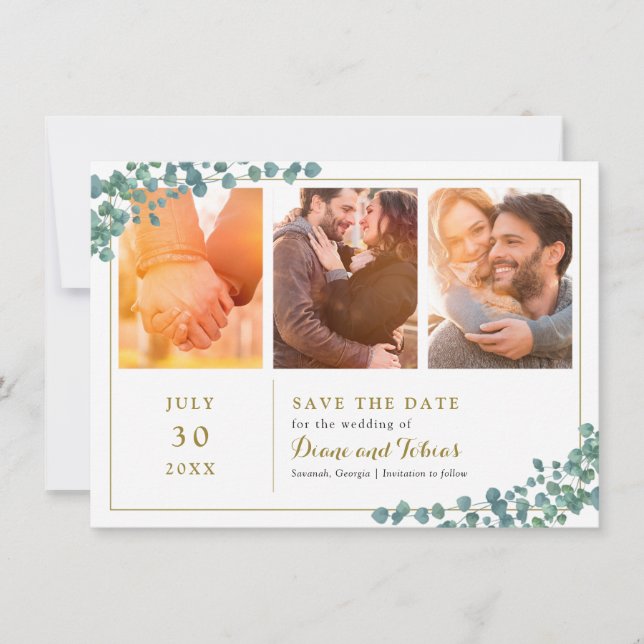 Elegant Greenery Multi Photo Save the Date Invitation (Front)