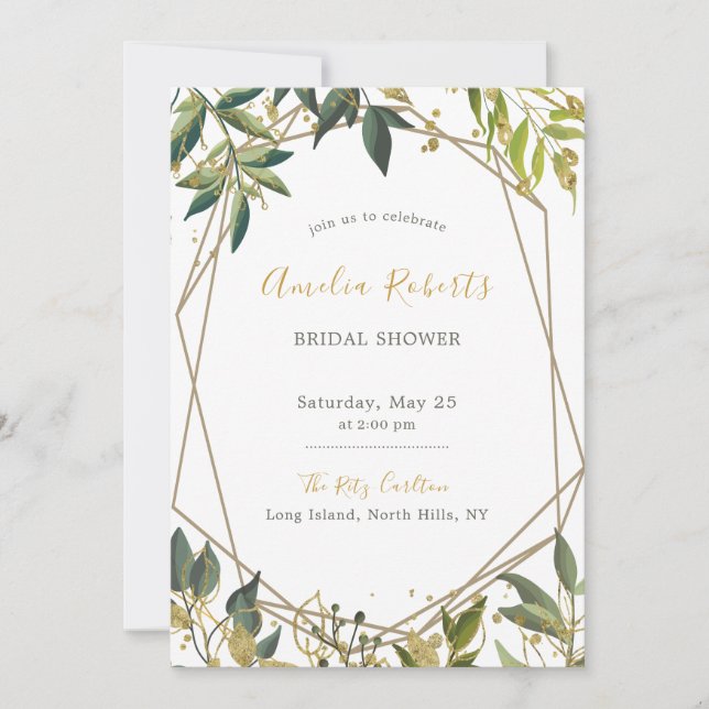 Elegant Greenery n Gold Floral Bridal Shower Invitation (Front)