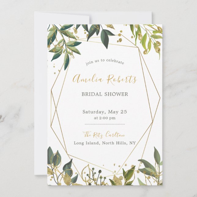 Elegant Greenery n Gold Floral Bridal Shower Invitation (Front)