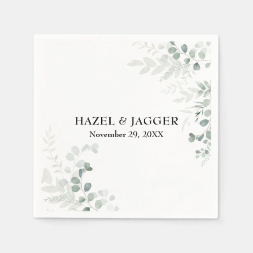 Elegant Greenery Names and Date Personalized Napkins