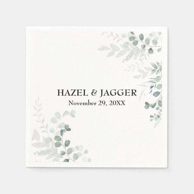Elegant Greenery Names and Date Personalized Napkins (Front)