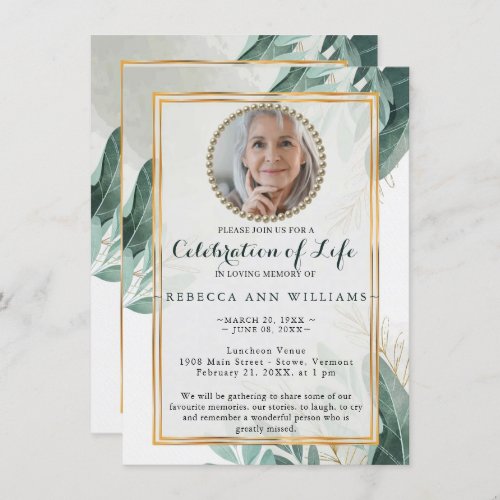 Elegant Greenery Nature Gold Celebration of Life  Invitation