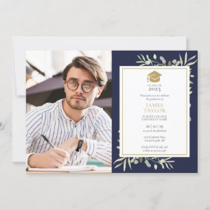 Elegant Greenery Navy Blue Graduation Party Photo Invitation
