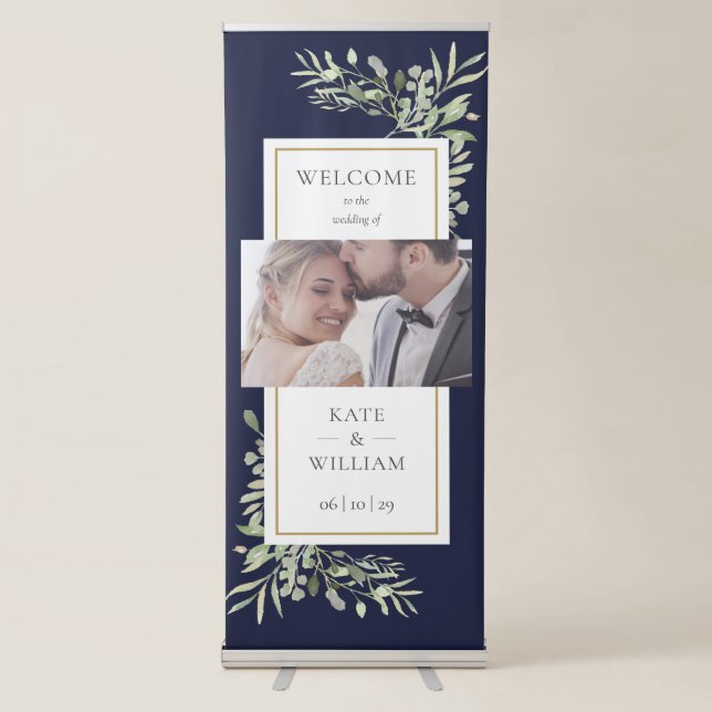 Elegant Greenery Navy Blue Photo Wedding Welcome Retractable Banner (Front)