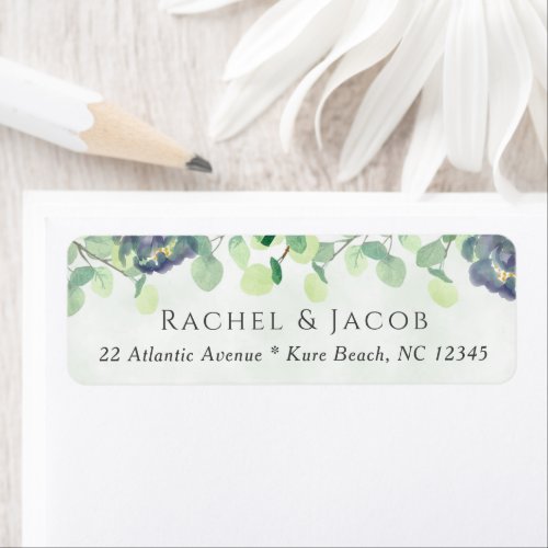 Elegant Greenery Navy Floral Wedding Address Label