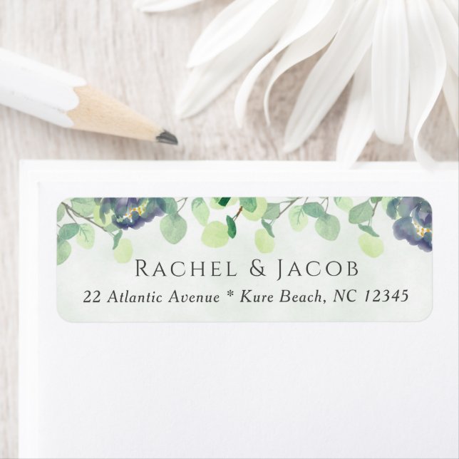 Elegant Greenery Navy Floral Wedding Address Label (Insitu)